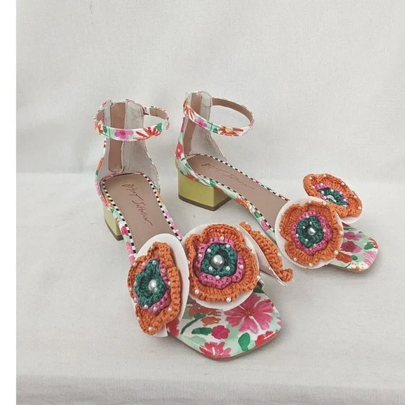 Betsey Johnson Floral Ankle-Strap Sandals with Orange Crochet Flowers - Picture 1 of 14